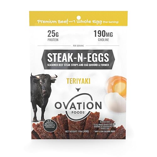 Ovation Foods Steak-N-Eggs - Tiras de carne, cero azúcar, cecina alta en proteínas (0.88 oz de proteína premium), sin gluten, KETO, Paleo bolsa de