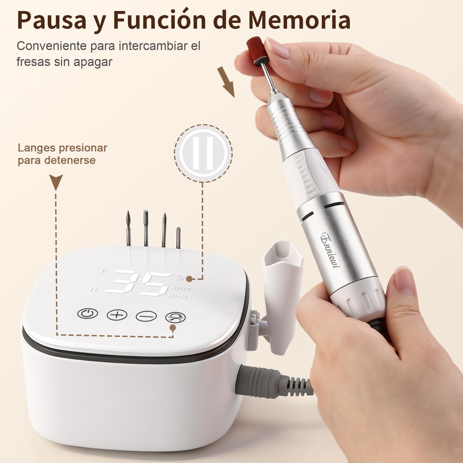 Einniewi Torno para Uñas Profesional 35000RPM, Lima Uñas Electrica con Botones Táctiles y Pantalla HD LED Digital, Nail Drill Kit Manicura y Pedicura, Quitar Acrílico Gel/Esmalte/Callos, Blanco