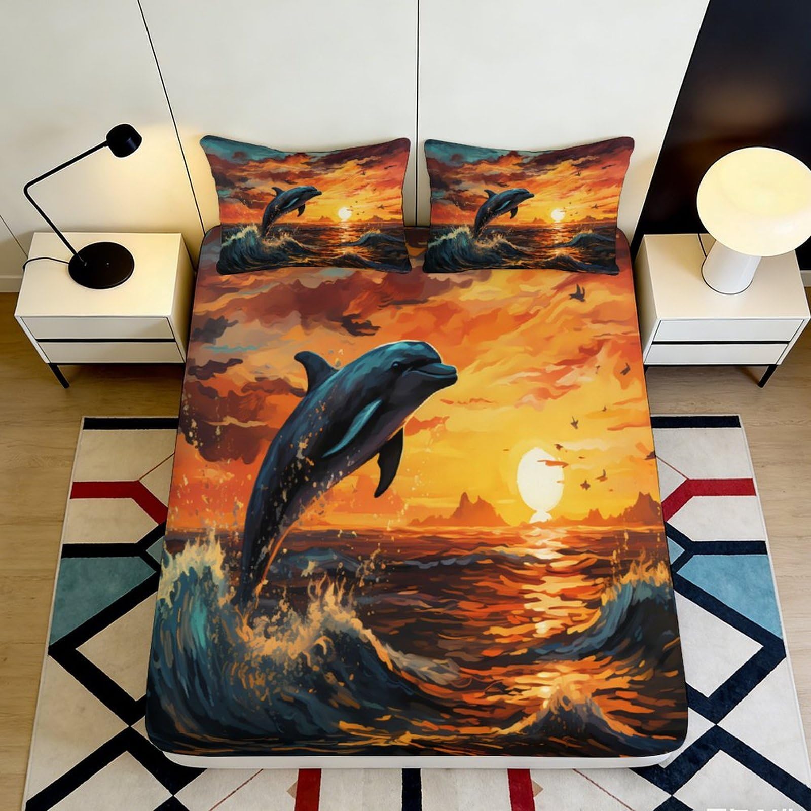 Pnayamiorkfel Style-3 3D Printed Dolphin Sunset Fitted Sheet Microfiber Soft Breathable Ocean Wave Bed Cover For Bedroom Guest Room Decor 90X200x25cm