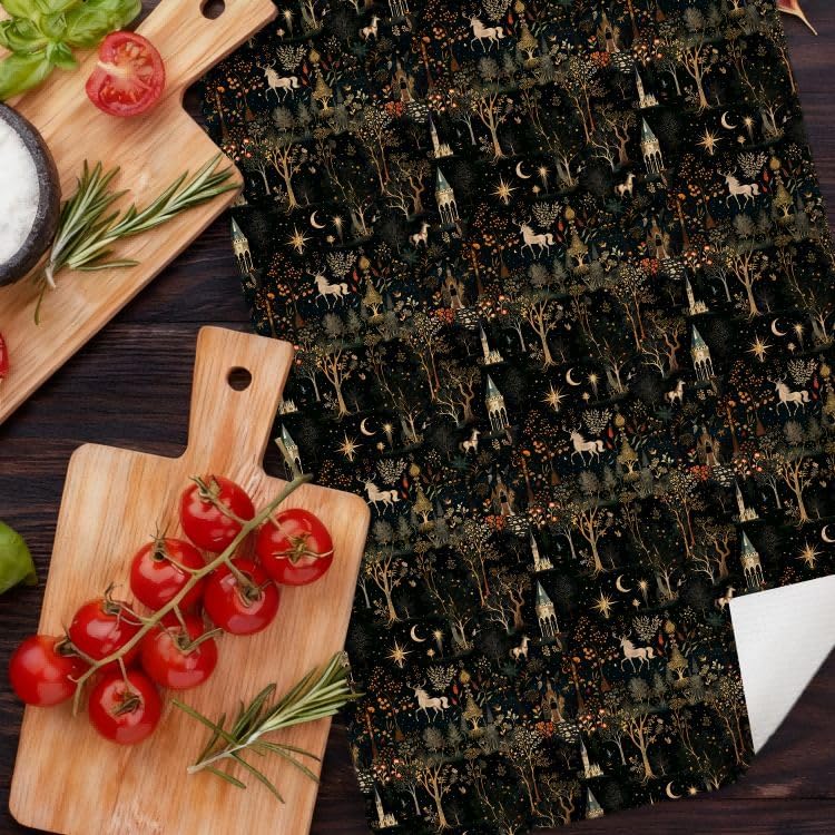 Gothic Medieval Dark Forest Kitchen Dish Towels, Cottagecore Witchy Boho Celestial Whimsical Forest Horse Castle Decorative Hand Tea Towels for Bathroom Kitchen, 16x24 Inches - Image 6