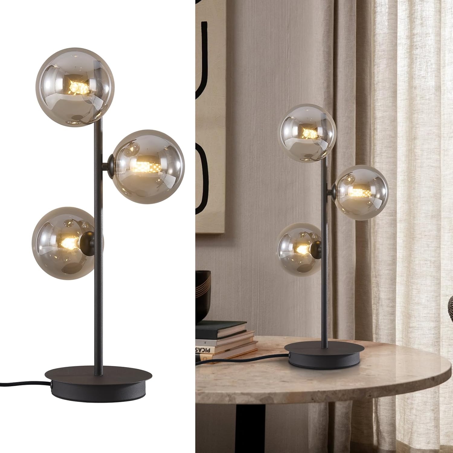 Mid Century Modern Table Lamp, Black 3 Light Reading Lamp with Smoky Grey Glass Shade, Bedside Lamp for Bedroom Living Room Study Room