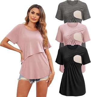 Lot de 3 T-Shirt d'allaitement Femme Tops Blouse Allaitement Hauts d'allaitement à Manches Courtes col Rond