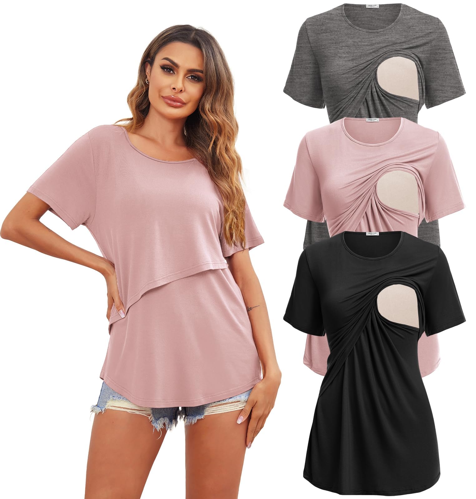 Ekouaer Stillshirt Model Umstandsmode 1er/3er Pack Weich Kurzarm Sommer Still Tshirt Stilloberteile Damen Stilltop für Schwangere