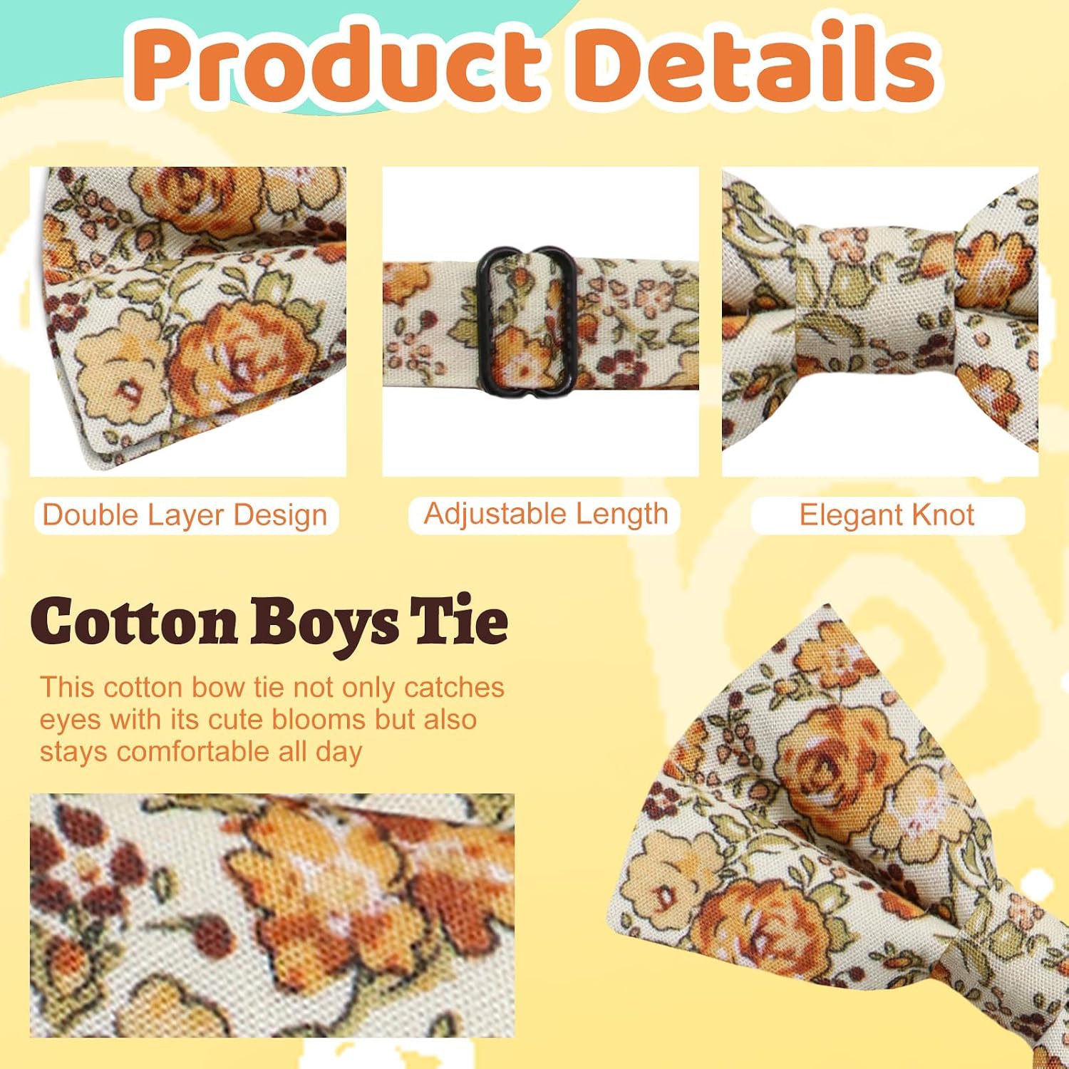 Cotton Bow Ties for Boys and Girls, Adjustable Floral Bow Tie Pre Tied Wild Flower Bowties for Wedding Performance