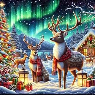 MjhRcll Christmas Diamond Art Kits for Adults,Aurora and Deer Diamond Painting Kits with Accessories,Paint by Diamonds Gem Art Crafts for Home Wall Decor 14X14 Inch