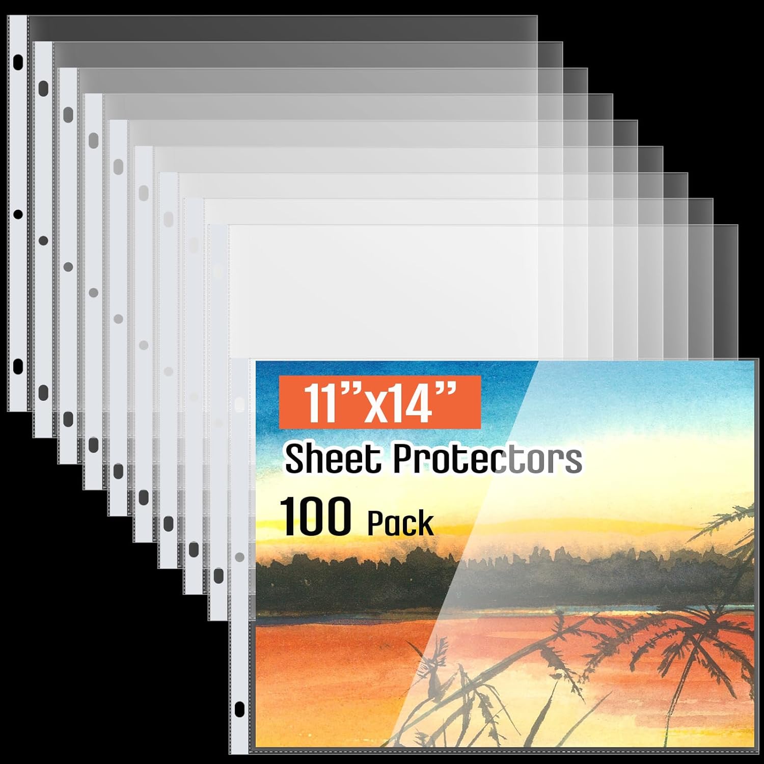 Gilprop 100 Pack 11 x 14 Inch Sheet Protectors, Heavyweight Landscape Sleeves 11 x 14 Ledger Size Clear Plastic Binder Sleeves, 3 Hole Punched Fits 3 Ring Binders