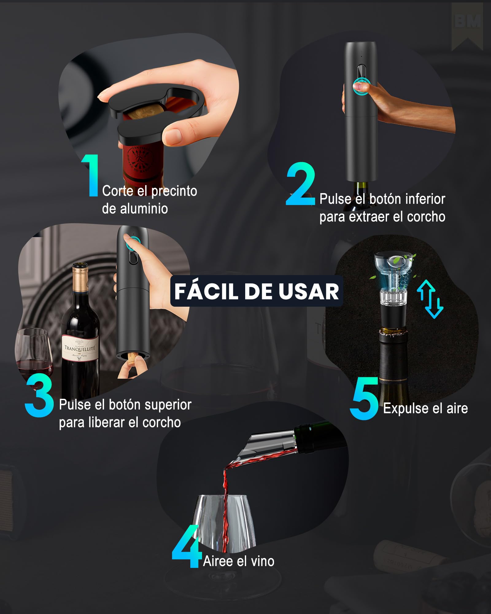 Sacacorchos eléctrico recargable con base de carga, abridor de vino electrico 6 en 1 juego regalo cumpleaños abrebotellas con vertedor aireador, tapón de vino al vacío, cortador láminas y cable USB