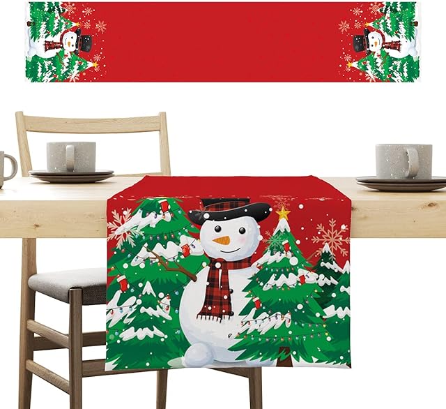 Christmas Table Linen, Red Linen Christmas Table Runners, Christmas Decoration Home Tablecover Decorative, Christmas Table Runner Snowflake Snowman, 180 x 33 cm