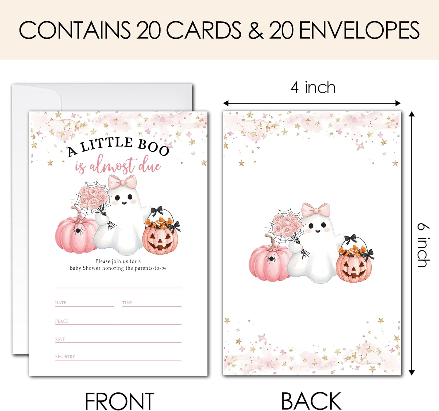 A Little Boo Is Almost Due Baby Shower Invitations – 20 Pink Halloween Baby Shower Invitation Cards 4"x6" with Envelopes, Cute Ghost Pumpkin Design for Fall Moms to Be.(115)
