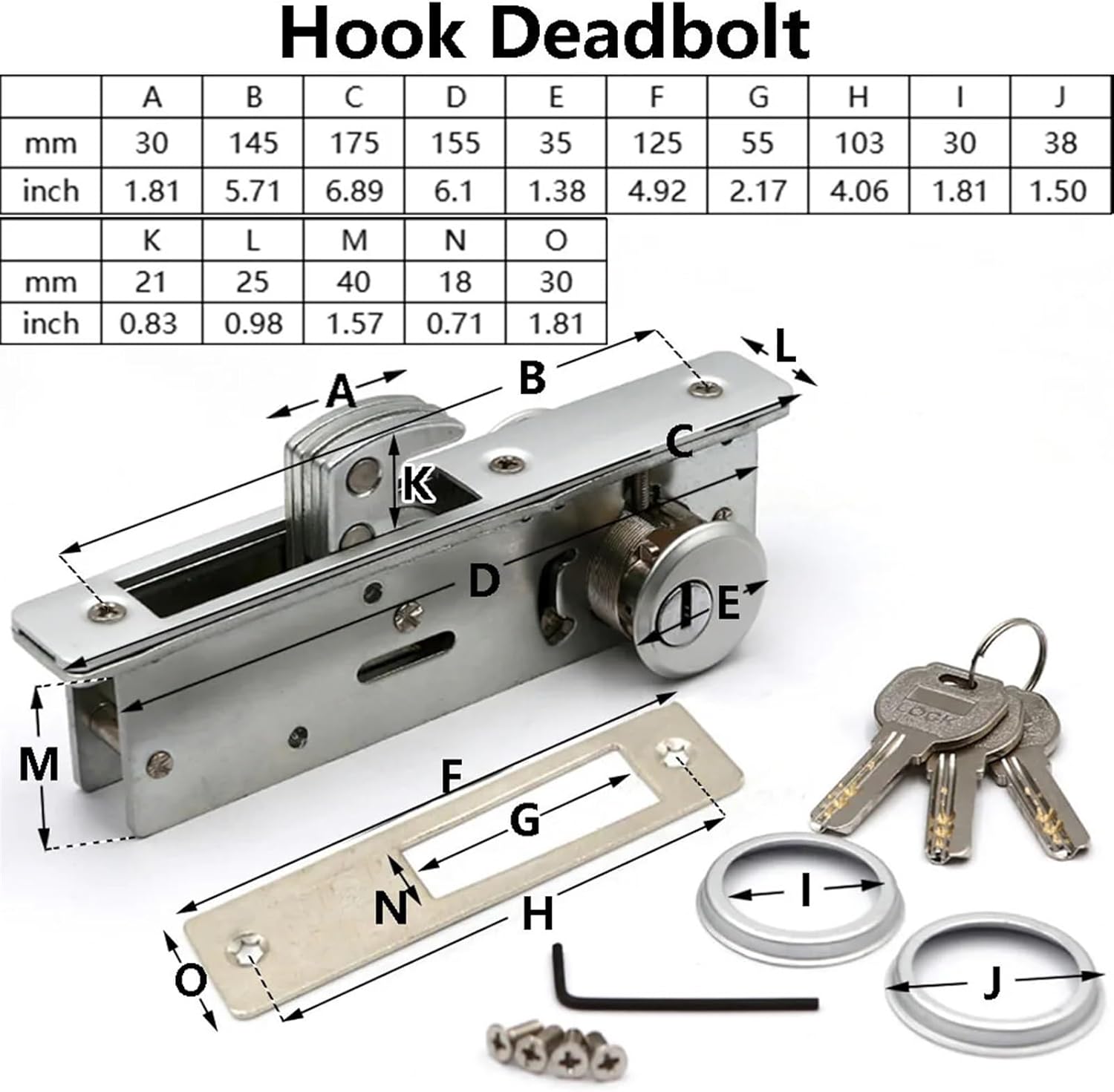 Lockset Aluminum Invisible Mortise 2 Door Locks 22mm Hook Straight Deadbolt Storefront Lock Copper Core Iron Key Door Hardware(Straight Deadbolt)