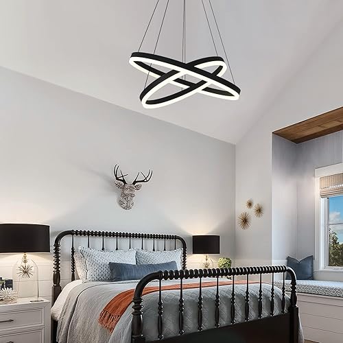 Miniatura 7 de Candelabro LED moderno de 2 anillos, color negro, para comedor, iluminación colgante regulable con control remoto, montaje circular empotrado, luz