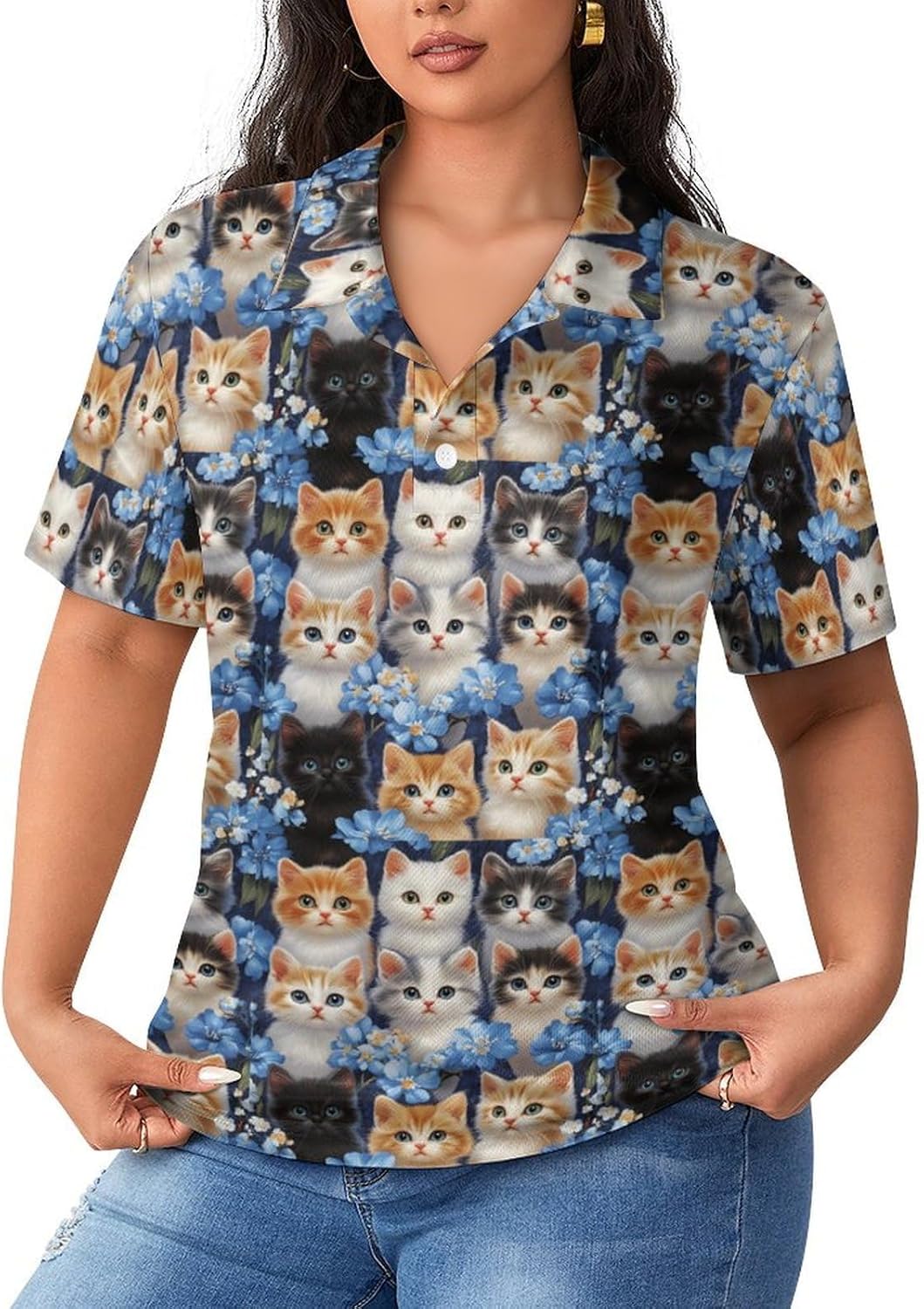 Cute Cats Flowers Women's Golf Polo Shirts Short Sleeve Quick Dry Tennis Tops Casual Work Blouses