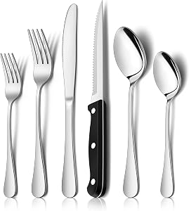 E-far 24-Piece Silverware Set with Steak Knives, Stainless Steel Flatware Cutlery Set Eating Utensils for 4, Spoons Forks Knives for Home Kitchen, Simple Design & Mirror Finish, Dishwasher Safe