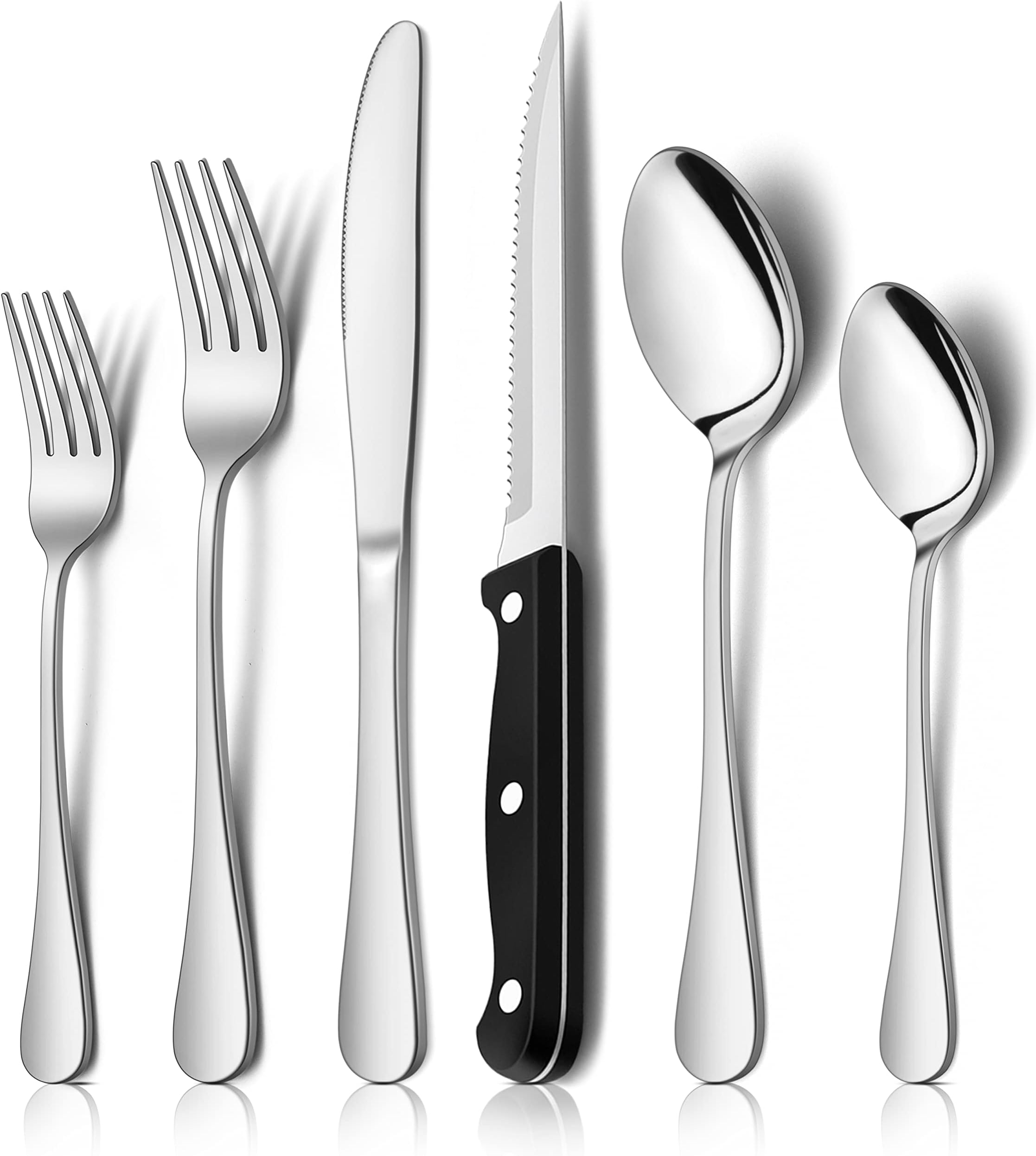 24-Piece Silverware Set with Steak Knives, Stainless Steel Flatware Cutlery Set Eating Utensils for 4, Spoons Forks Knives for Home Kitchen, Simple Design & Mirror Finish, Dishwasher Safe