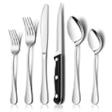 E-far 24-Piece Silverware Set with Steak Knives, Stainless Steel Flatware Cutlery Set Eating Utensils for 4, Spoons Forks Knives for Home Kitchen, Simple Design & Mirror Finish, Dishwasher Safe