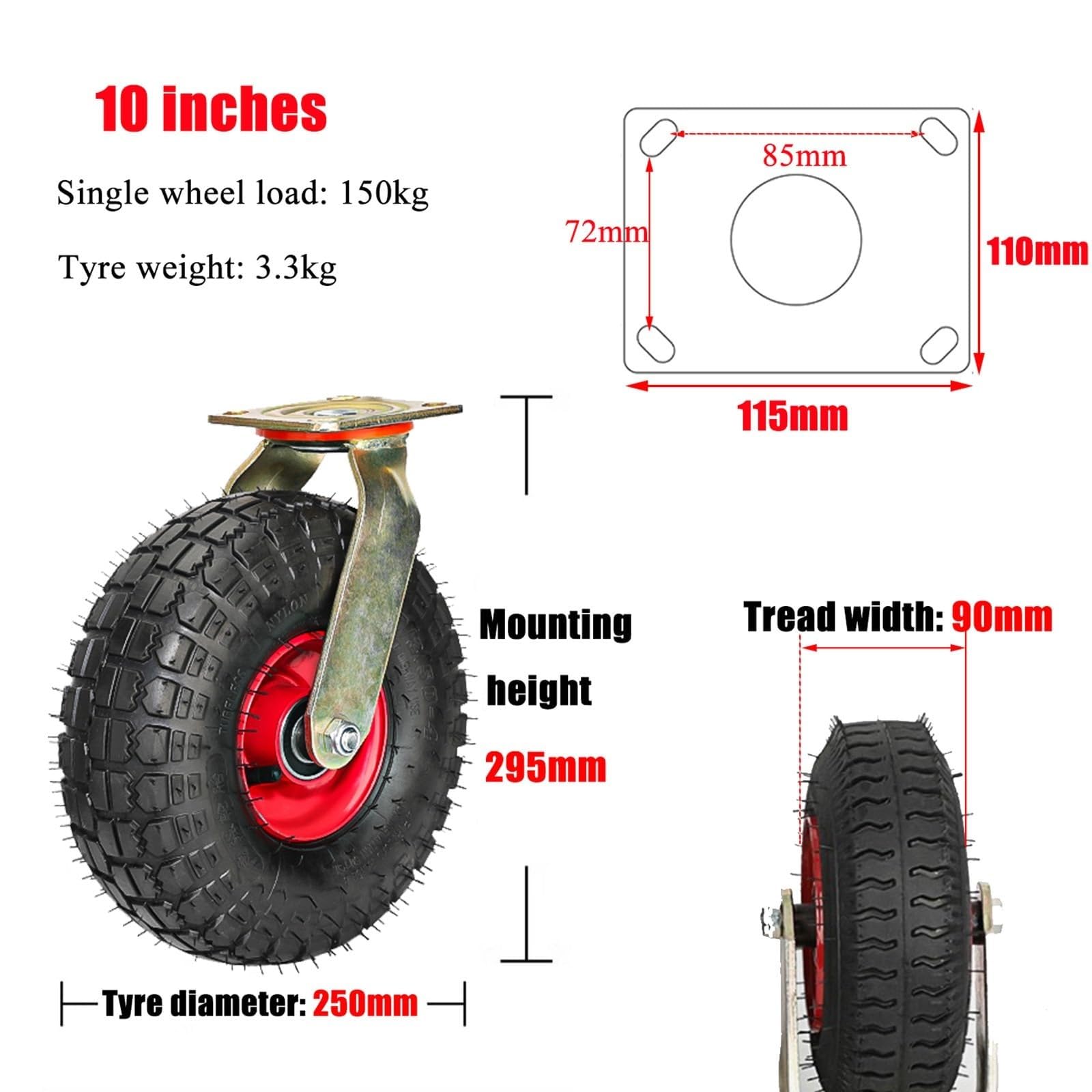 Kółka skrętne o dużej wytrzymałości 2 szt. Ciche kółka do wózka Solidna guma Amortyzacja w stylu próżniowym Wymiana Antypoślizgowa(Swivel,10"(250mm))