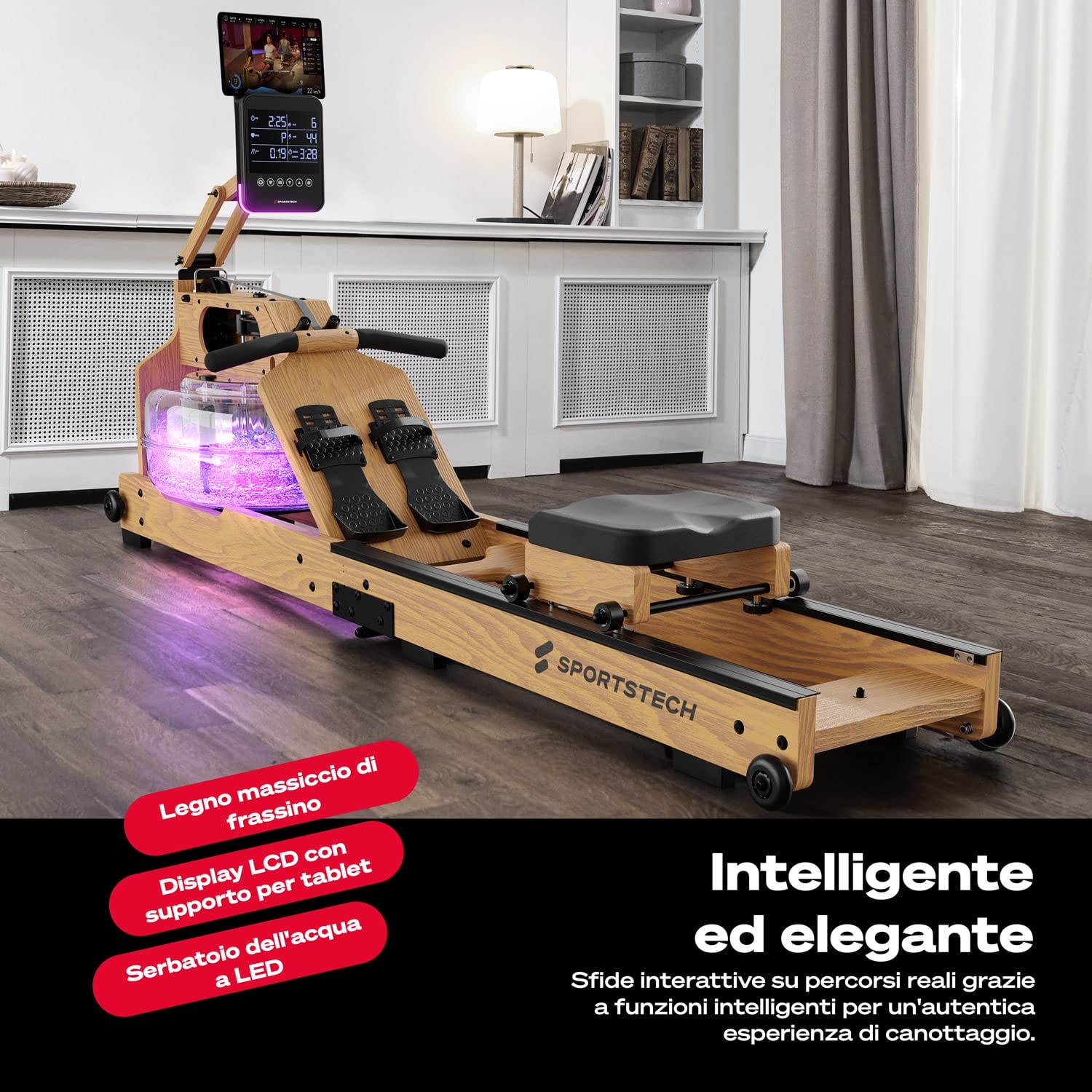 Sportstech - WRX1000 Water Vogatore, Vogatore Pieghevole per Casa, Premium Vogatore ad Acqua con Tecnologia Pulse Serbatoio dell'Acqua a 7 Zone LED e Display LCD