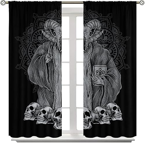 Vista 437 de Cortinas de cabeza de cabra, misteriosa cabeza de cabra malvada, calavera negra, bolsillo para barra, cortinas opacas para ventana, juego de 2