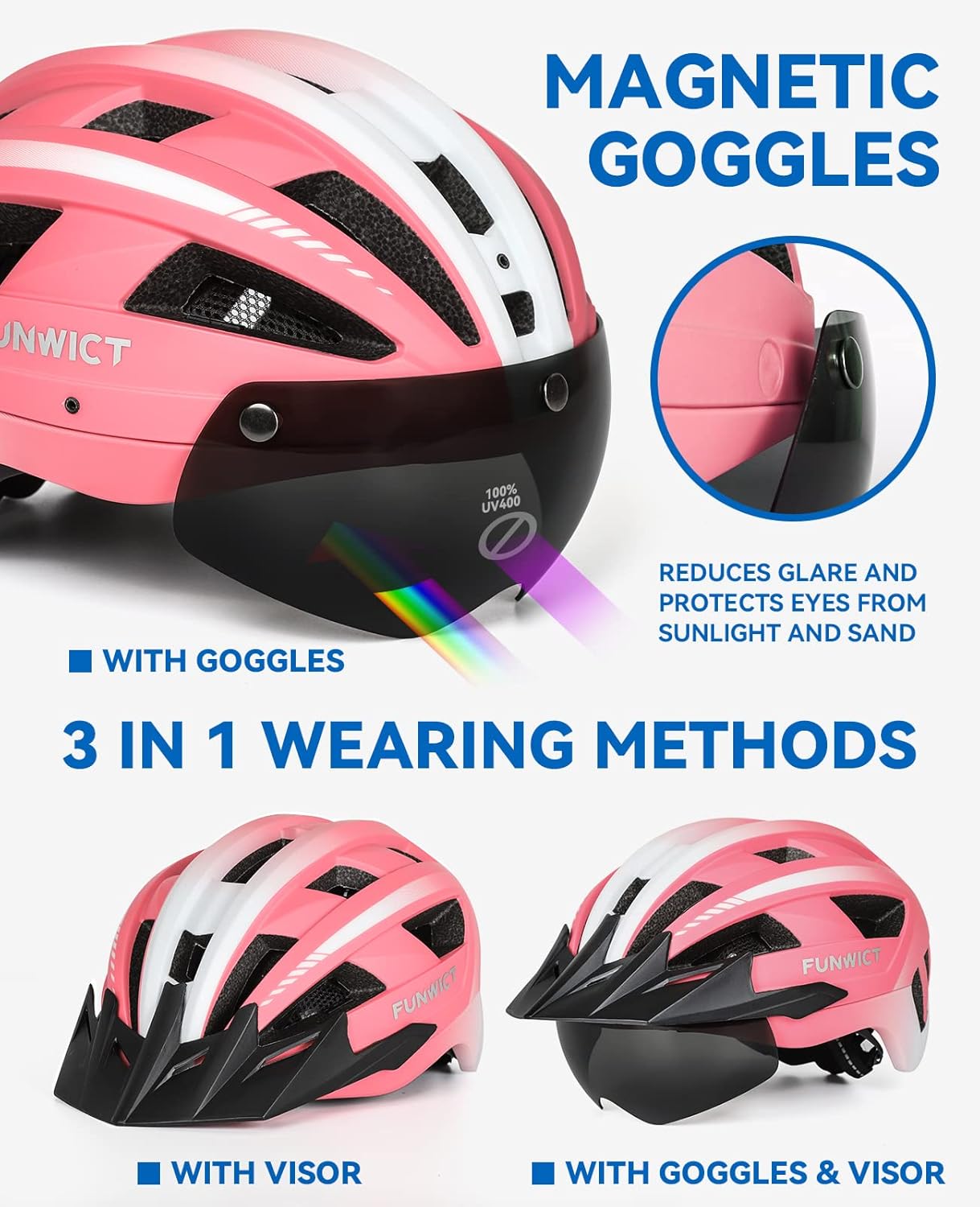 Adult Bike Helmet with Visor and Goggles for Men Women Mountain Road Bicycle Helmet Rechargeable Rear Light Cycling Helmet