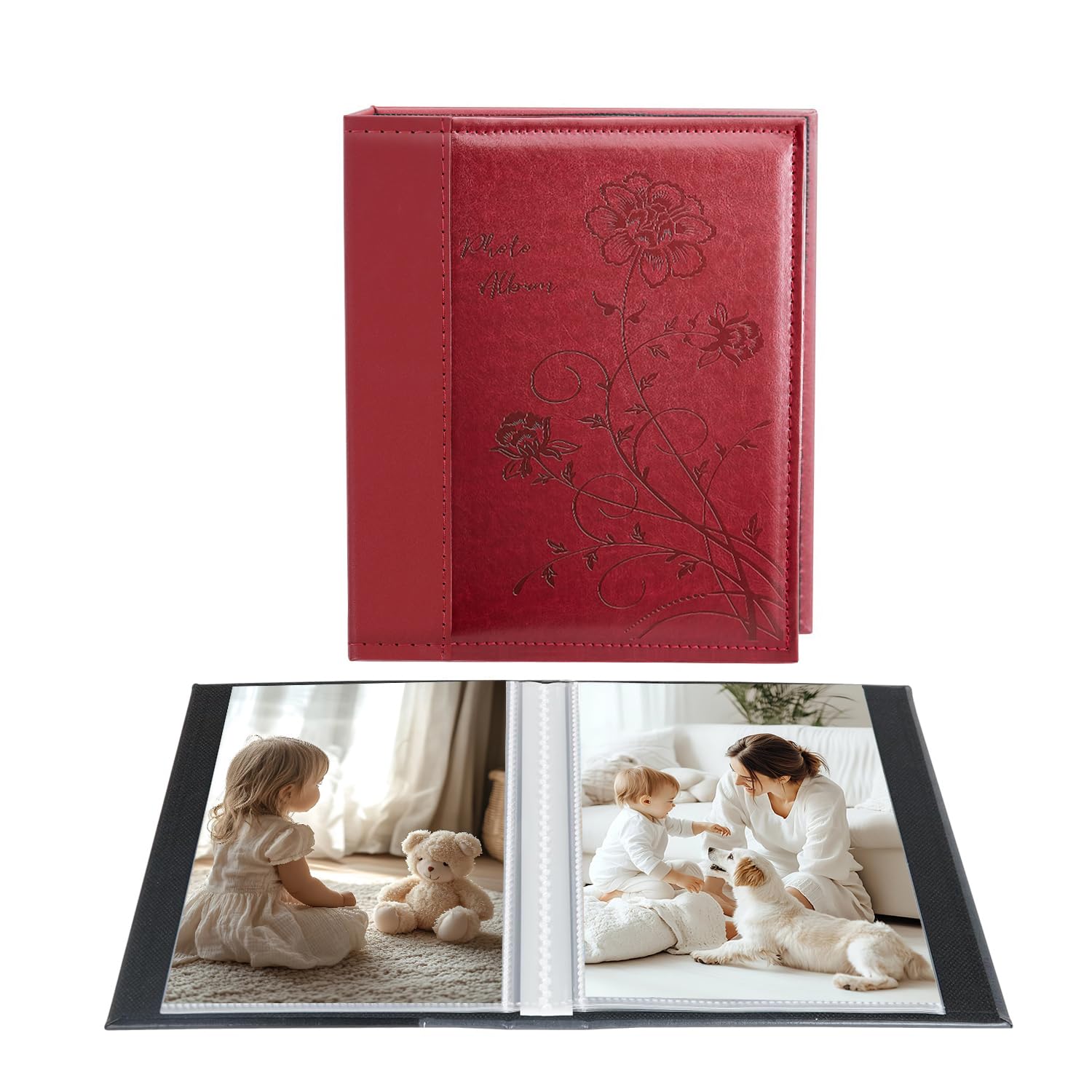 Artmag Photo Album 5x7 Clear Pages Pockets Leather Cover Slip Slide in Photo Album Book Holds 50 Vertical 5x7 Photos Picture Book for Wedding Family (Red)