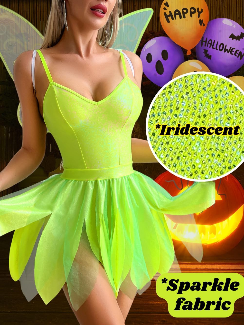 EHSUYAB 3Pcs Sexy Halloween Fairy Costume Woman, Butterfly Wings Forest Elf Holographic Outfits Rave