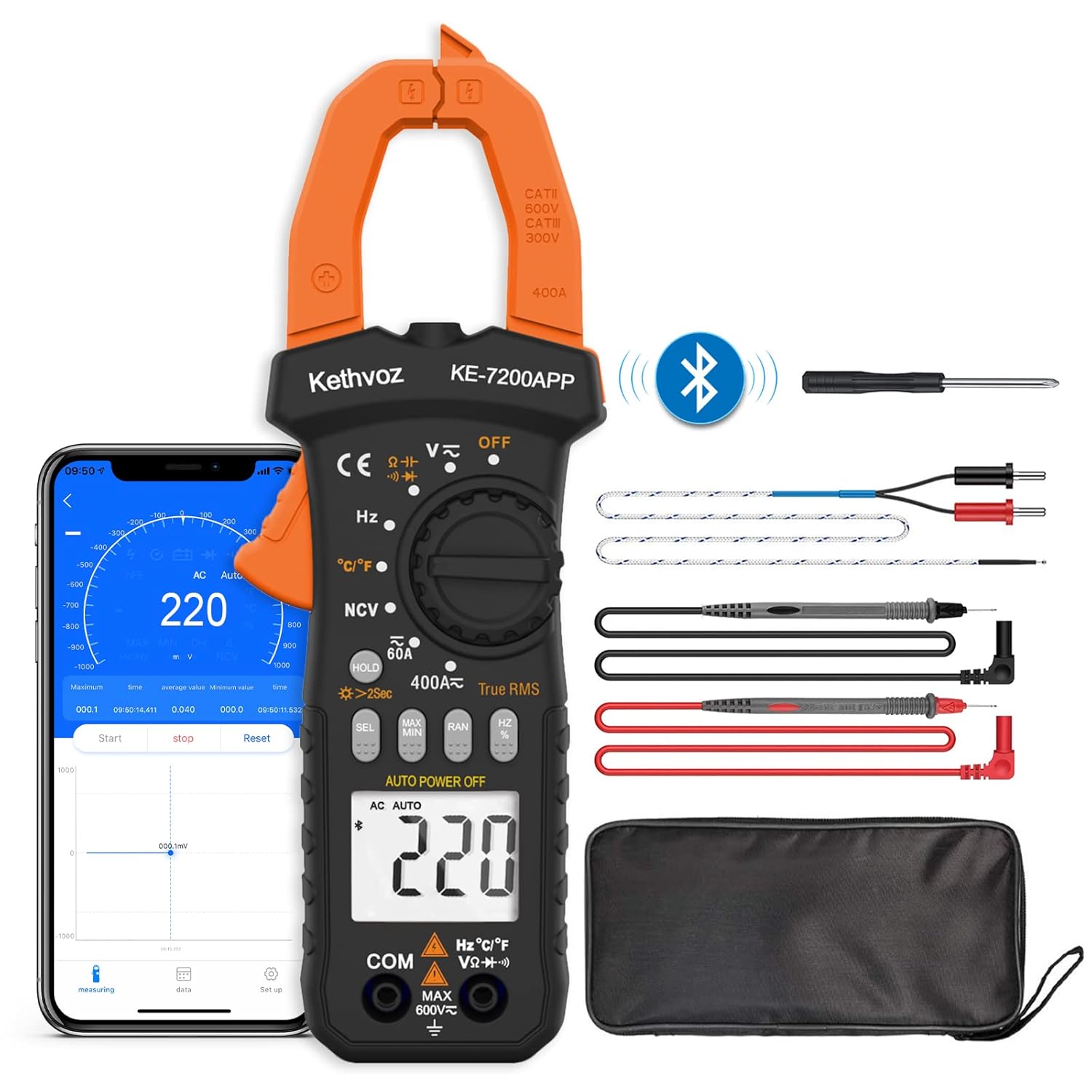 Multimeter Clamp Meter, TRMS 6000 Counts Kethvoz Bluetooth Digital Clamp Multimeter AC/DC 400A, Auto Range NCV Voltage Current Tester with Continuity Buzzer Test Ohm Hz Diode Temperature 7200APP Multimeter Clamp Meter, TRMS 6000 Counts Kethvoz Bluetooth Digital Clamp Multimeter AC/DC 400A, Auto Range NCV Voltage Current Tester with Continuity Buzzer Test Ohm Hz Diode Temperature 7200APP