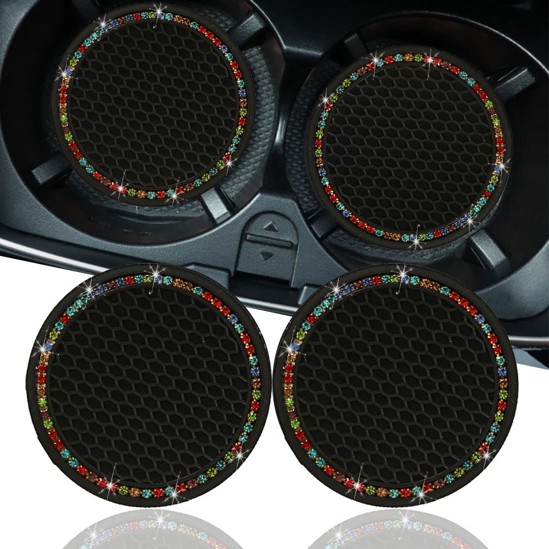 Cup Holder Insert Coaster 2 Pack, Car Interior Accessories-2.75 inch Silicone Anti Slip Crystal Rhinestone Car Coaster-Universal White