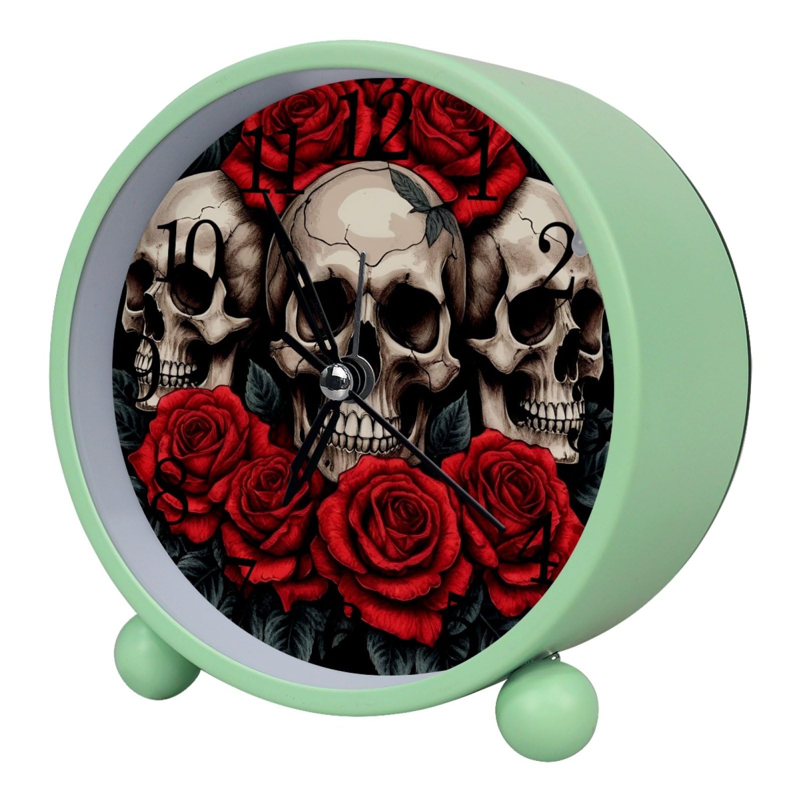 etoenbrc Skull and Roses 10.9" Alarm Clock,Small Battery Operated Clock, Slient Plastic Table Clock for Living Room Decor,Bedroom,Office