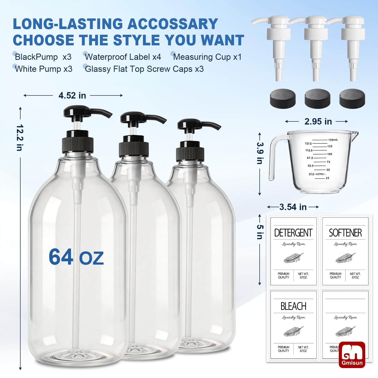 GMISUN Dispensador de jabón detergente para lavandería, dispensador de detergente líquido, contenedor para decoración de lavandería, organizador para detergente líquido, botella de almacenamiento de