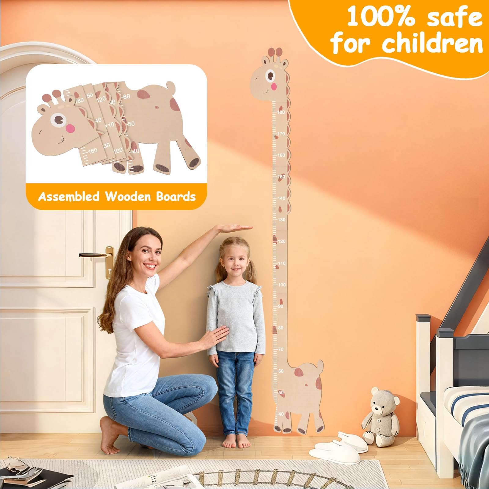 Messlatte Kinder Holz mit Tiermotiv, 50-180 cm Messlatten Wanddekoration für Baby- & Kleinkinderzimmer, Messleiste als Puzzle (Holzfarbe)