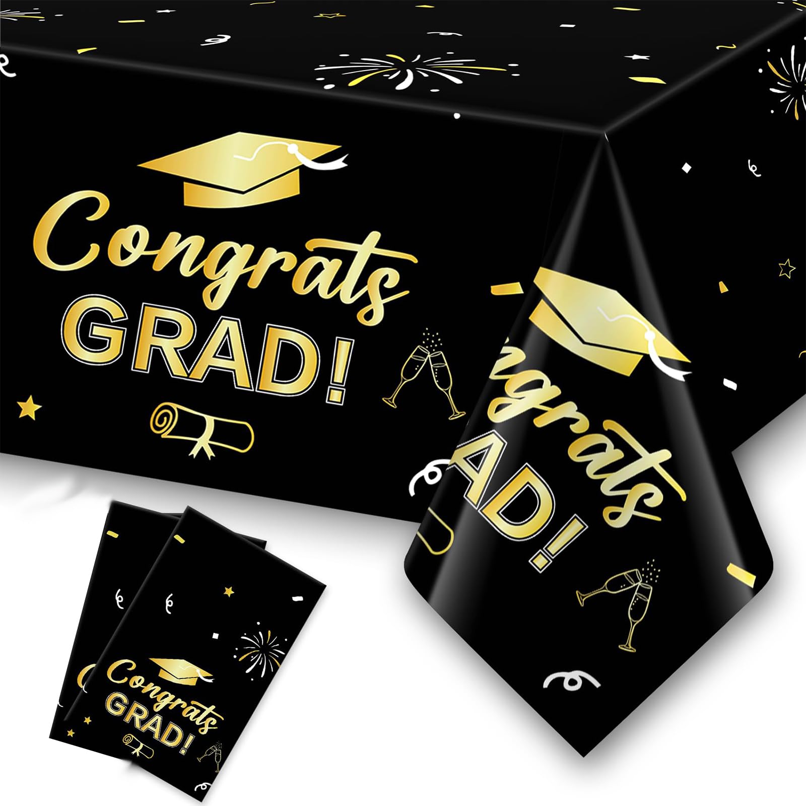 Yunvisty Black/Gold 2 Pcs Graduation Table Decorations Tablecloth Congrats Grad! For Graduation And Party Birthday Table Decorations 137 X 274Cm