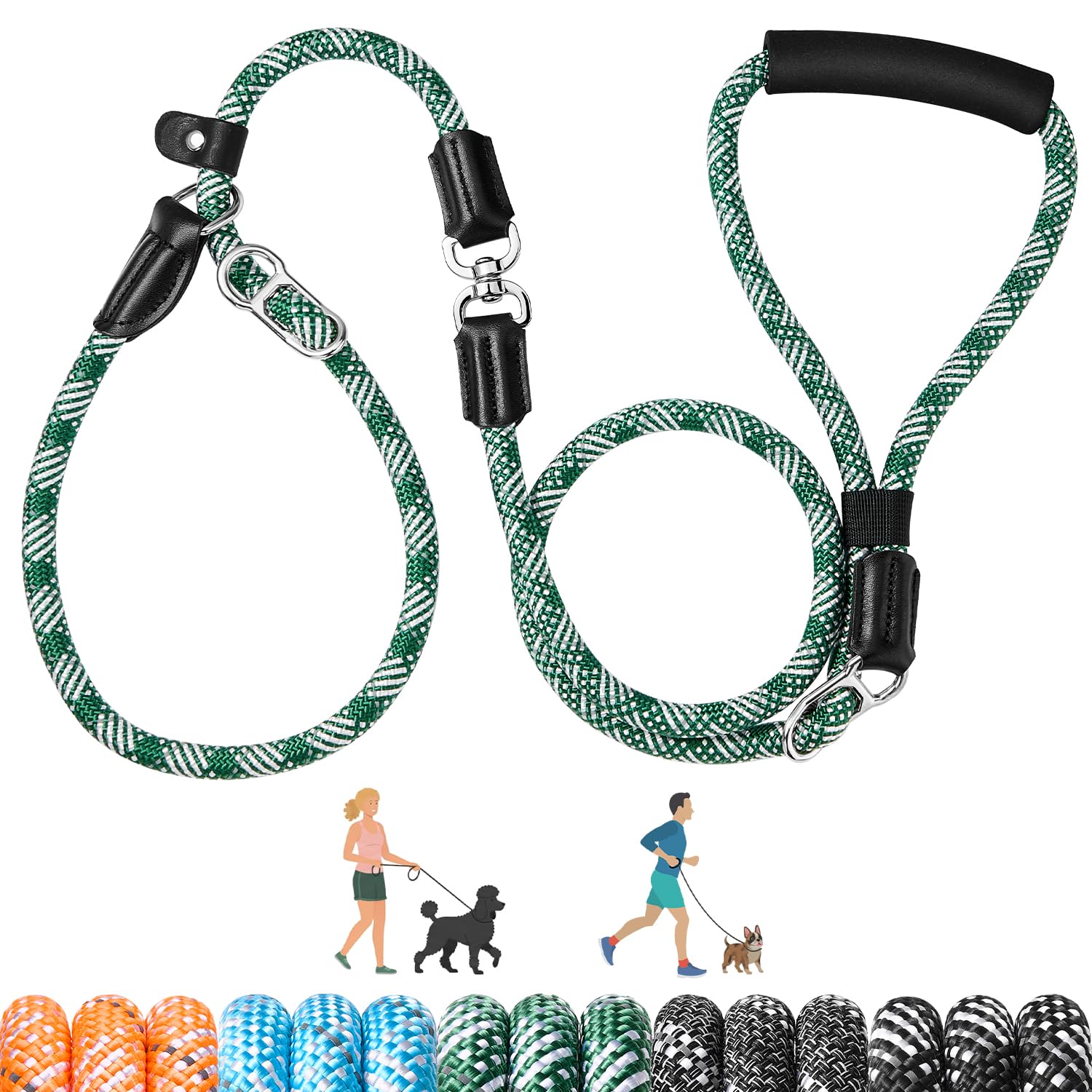 Eyein Slip Lead for Dogs - No Tangle Adjustable Length 1.2-1.8m Dog Lead, Heavy Duty 1.3cm Nylon Rope Leash Reflective, No Pull Puppy Training Leash for Medium Large Dogs (Green)