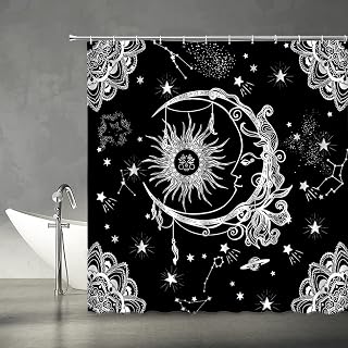 Burning Sun and Moon Shower Curtain Vintage Sketch Celestial Mandala Floral Pattern Black White Constellation Mysticism Chic Abstract Fabric Bathroom Decor Set with Hooks,(70" WX70 H)