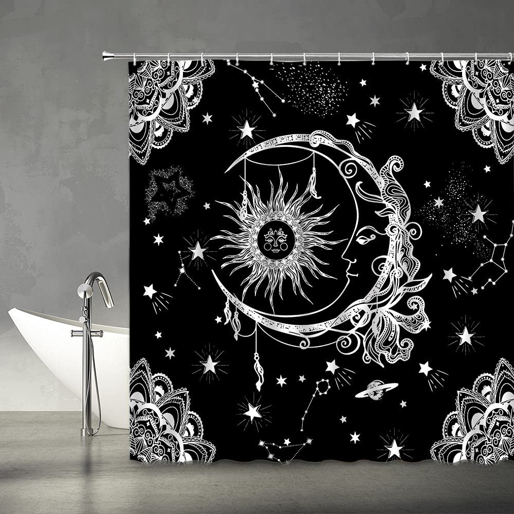 YSATNSFT Burning Sun and Moon Shower Curtain Vintage Sketch Celestial Mandala Floral Pattern Black White Constellation Mysticism Chic Abstract Fabric