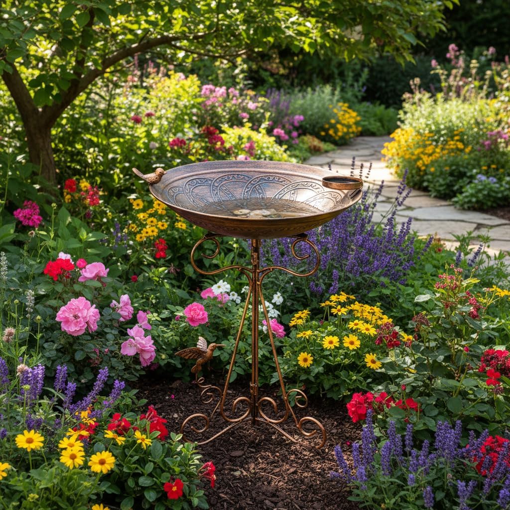 Bird Bath Large Bird Bath for Outside,Garden Bird Baths for Outdoors with Metal Pedestal Birdbath Vintage Bird Feeder Birdbaths Bowl with Folding Bracket