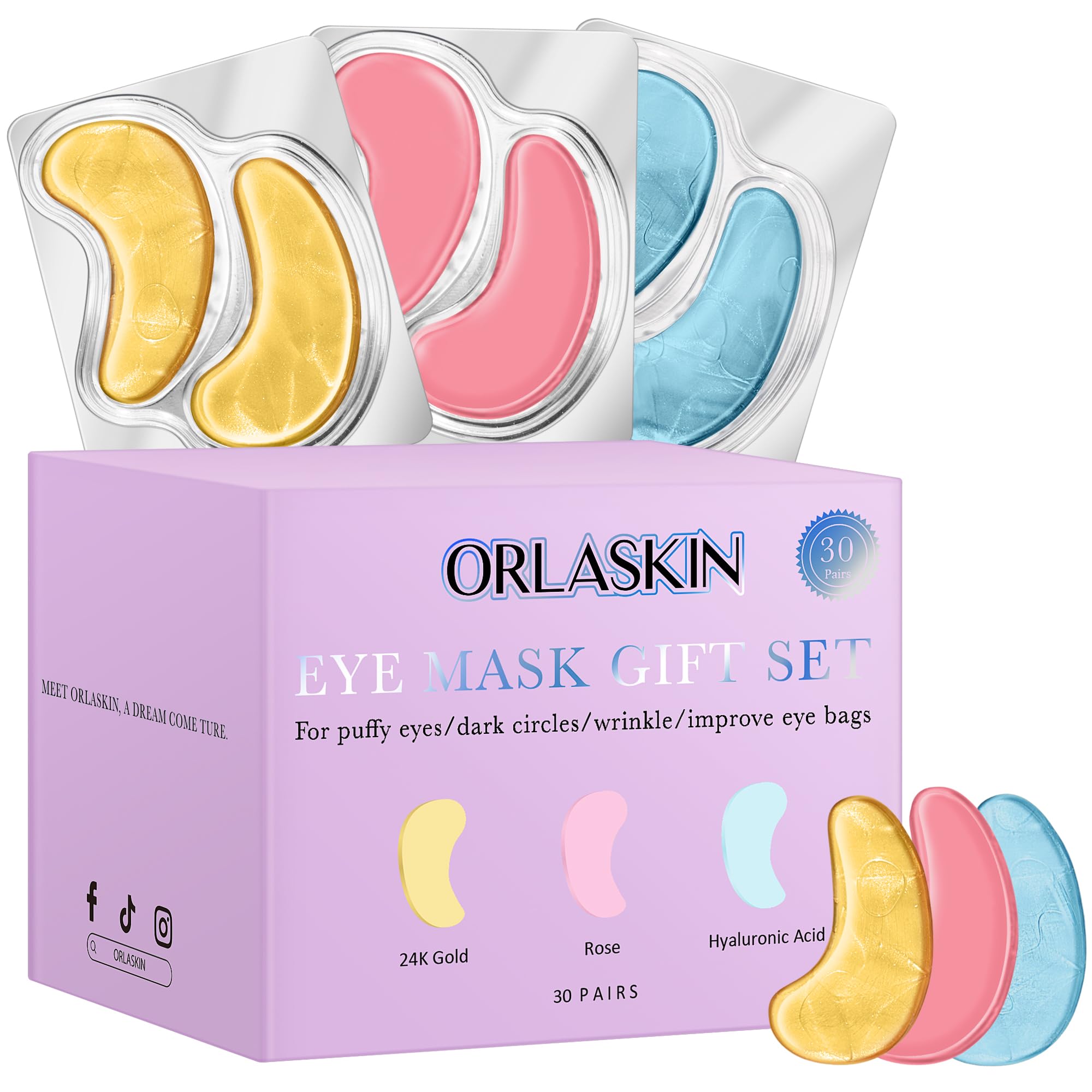 ORLASKIN Eye Patches Under Eye Mask Skincare Hyaluronic Acid Under Eye Patches for Teen Girls Puffy Eyes and Dark Circles 24k Gold,Hyaluronic Acid,