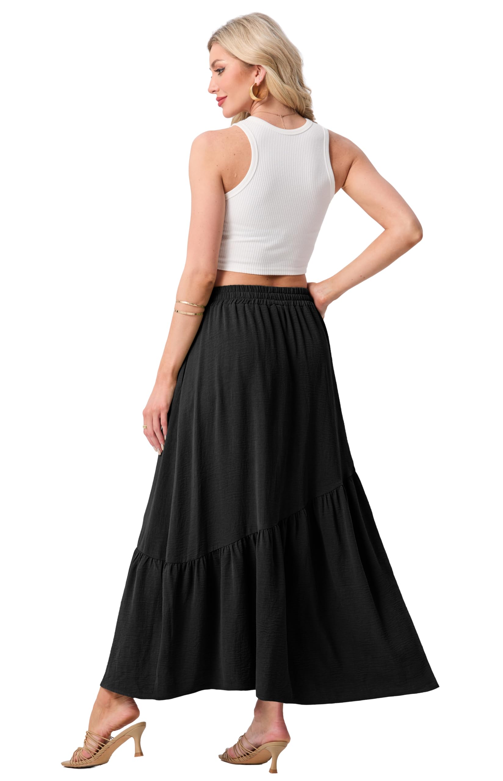 GRECERELLE Damska spódnica maxi, długie letnie spódnice dla kobiet, elastyczna talia, boho, zwiewna spódnica o linii A, z kieszeniami i falbankami, na wakacje i na co dzień