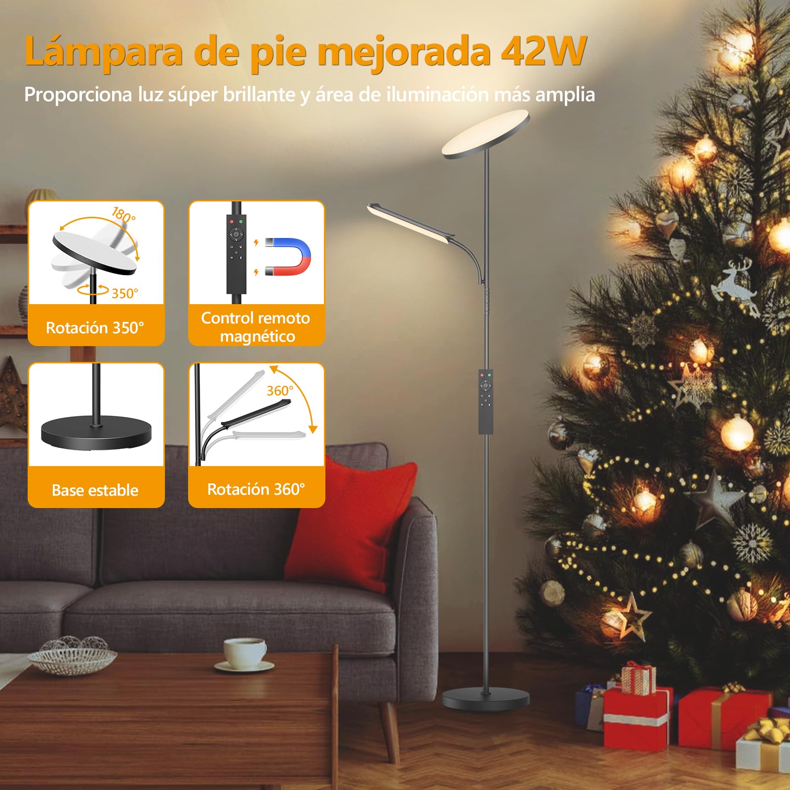 Lámpara de Pie LED Regulable de 42W, Lamparas de Pie Para Salon Superbrillante de 4000 LM Para Sala de Estar Con Luz de Lectura, Ajuste de temperatura de color y brillo (42W)