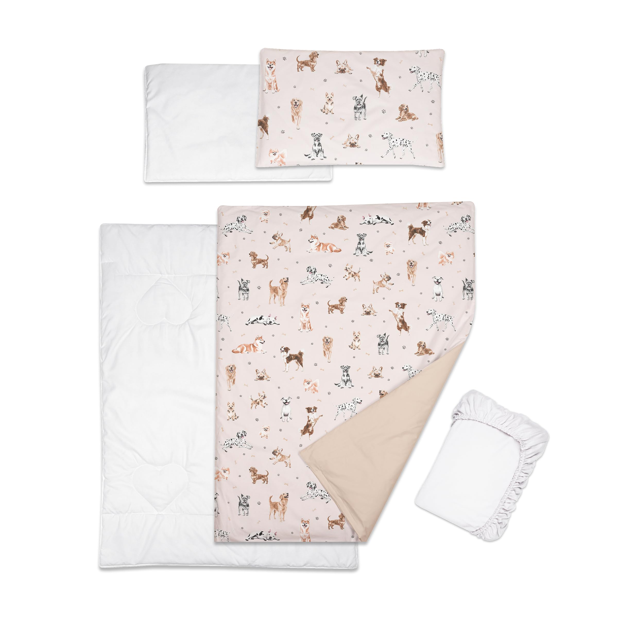 Baby Comfort 5 Piece Toddler Bedding Duvet Pillow with Covers & Jersey Sheet fits 120x60cm Cot Bed 12M+ (Doggies)