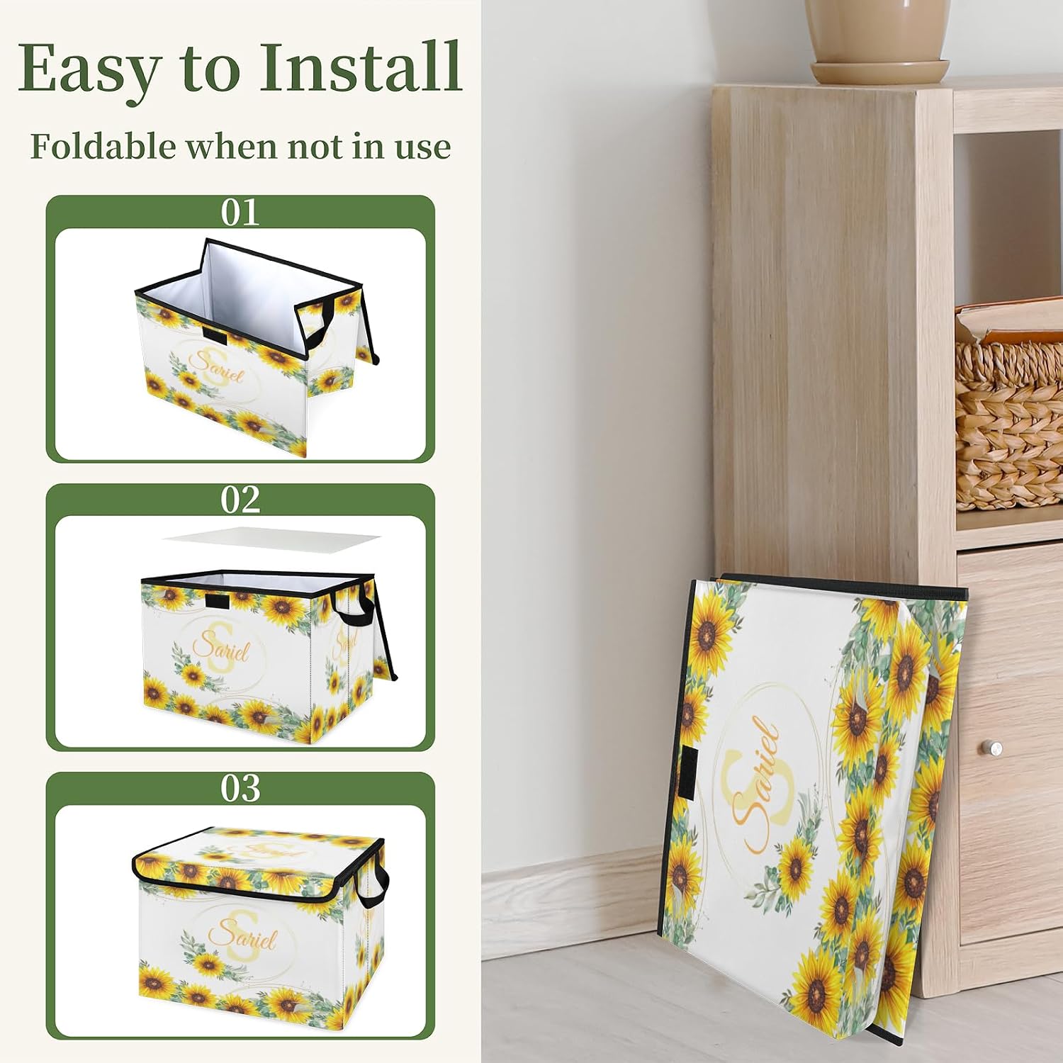 Sunflower Storage Bin with Lid Personalized Storage Baskets for Organizing Foldable Closet Organizers with Handles,Cute Basket for Boys Girls for Clothes Blanket Pet Dog Toy Basket Storage (2 Pack)