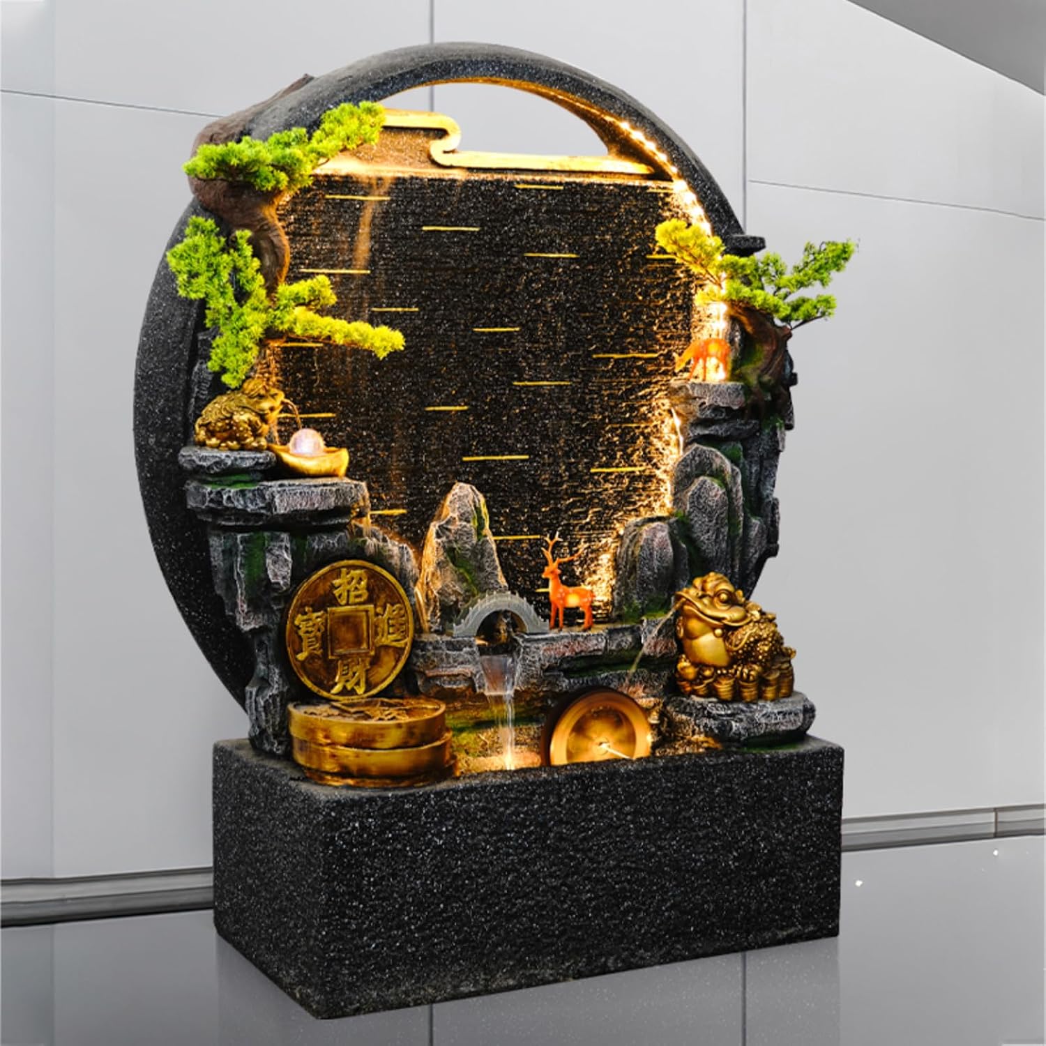 Tranquil Oasis Garden Fountain with LED Lights – Elegant Concrete Water Feature with Wildlife Figures and Faux Greenery – Durable and Easy to Install – Perfect for Yard, Patio, and Garden