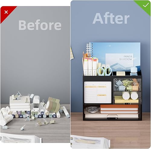 Miniatura 7 de Marbrasse Organizador de escritorio con 3 cajones, soporte multifuncional para bolígrafos, organizadores de escritorio y accesorios con 4