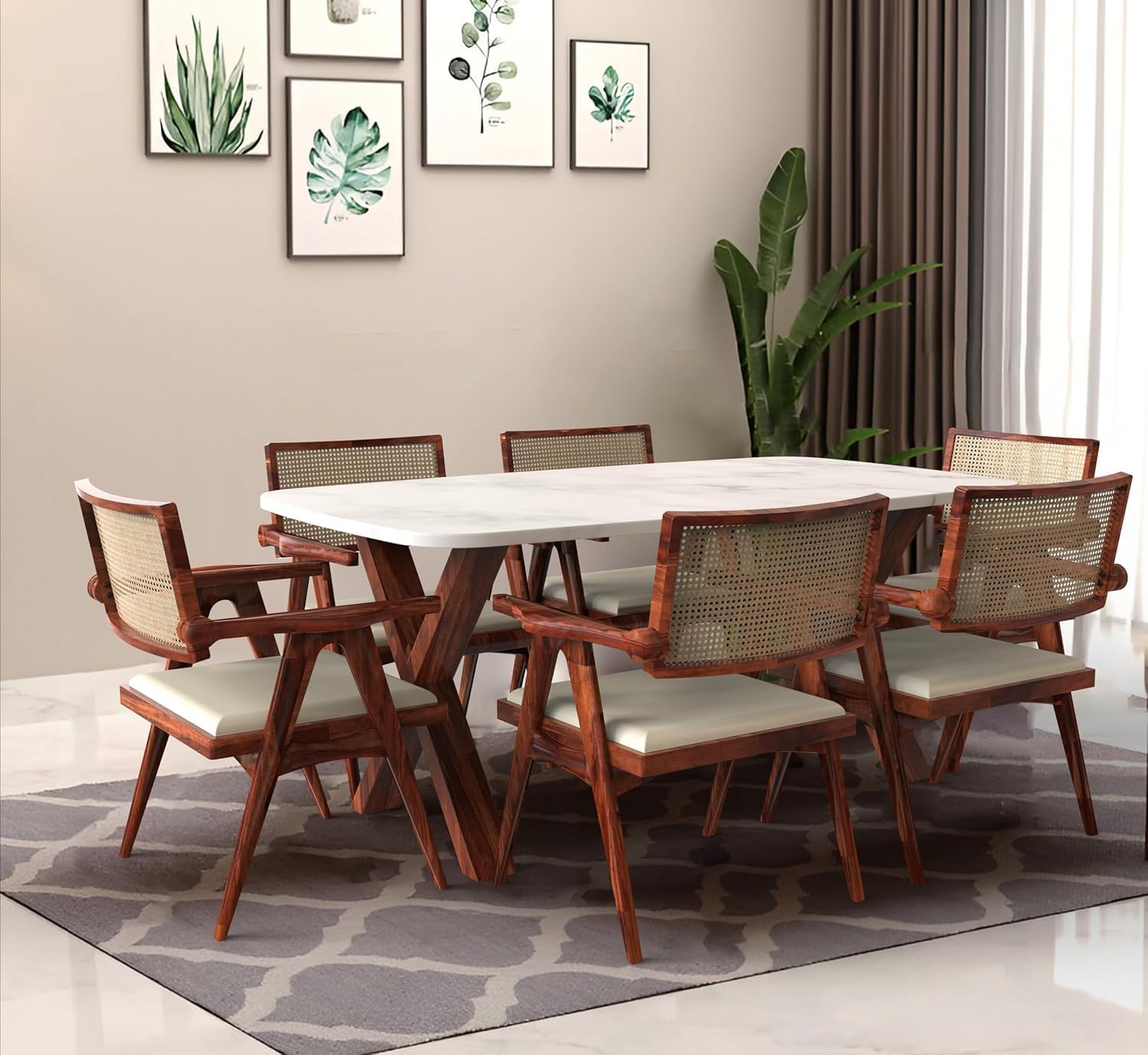 SURYAVANSHAM HANDICRAFT Wooden Dining Table Set 6 Seater for Home, Living Room | Dining Table Set with Six Cushioned Chairs | Home Dining Room Furniture (Honey Finish)-image-32