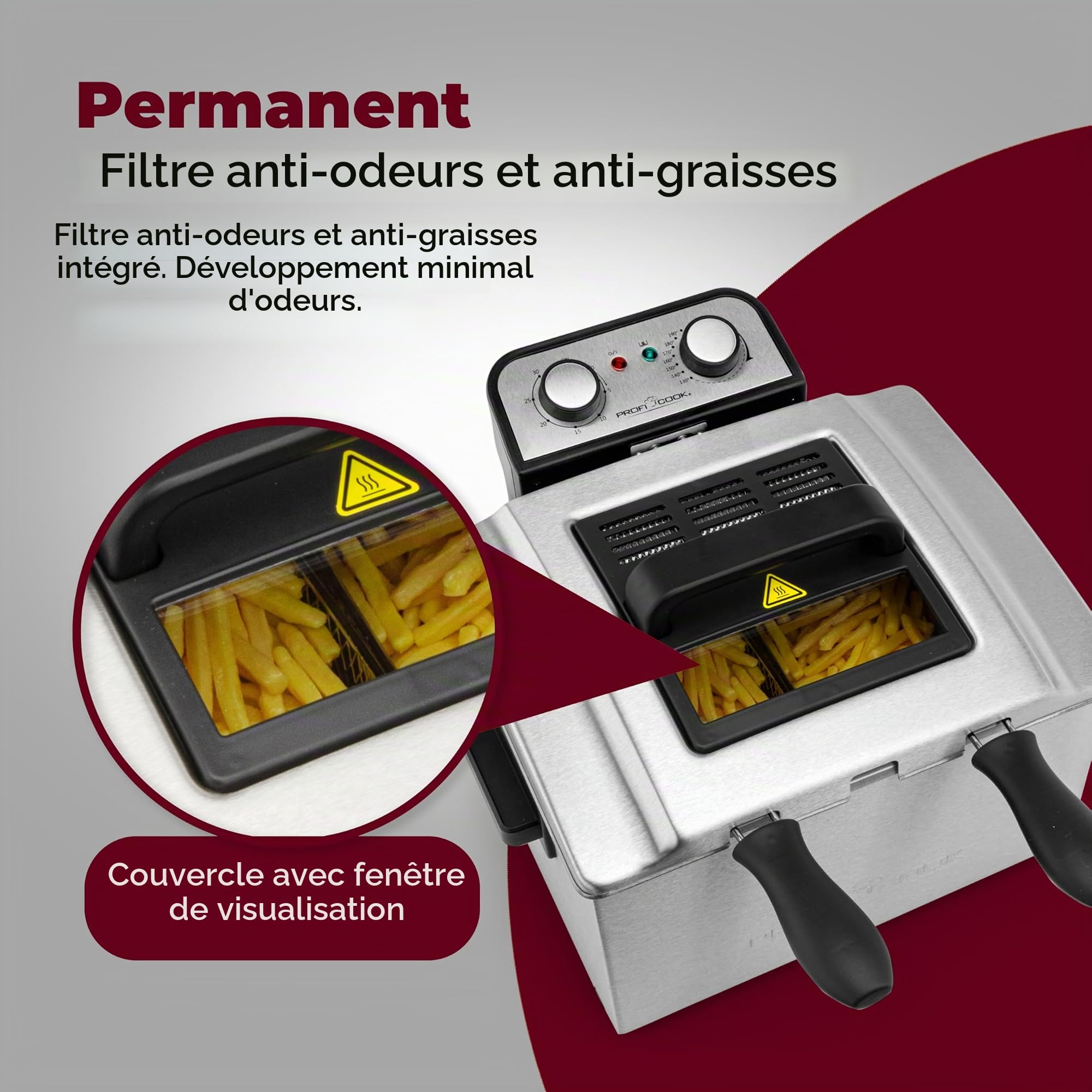 ProfiCook PC-FR 1038 Friteuse double, 2 petits & 1 grand paniers à friture, capacité 5 litres, filtre permanent contre les odeurs et les graisses, 3000 watts, boîtier en inox
