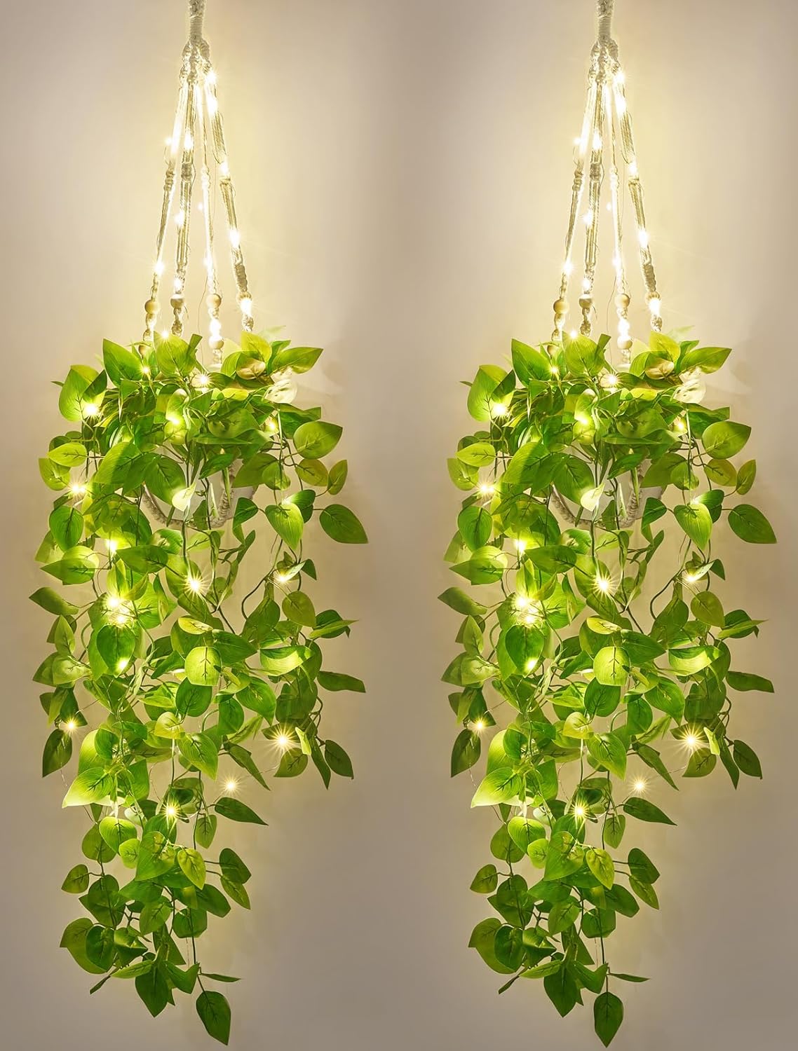 Mkono 2 Packs Fake Hanging Plant with Lights, Artificial Plants for Home Decor Indoor Macrame Plant Hanger with Fake Vines Greenery for Bedroom Bathroom Kitchen Office Decor