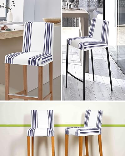 Miniatura 5 de Juego de 2 fundas para taburetes de bar a rayas azul marino, fundas elásticas para sillas de comedor, modernas fundas de arte abstracto a rayas
