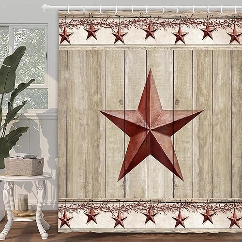 Miniatura 2 de Cortina de ducha rústica con estrella de granero en puerta de madera, estrella del oeste de Texas y bayas primitivas en tablones de madera, cortina