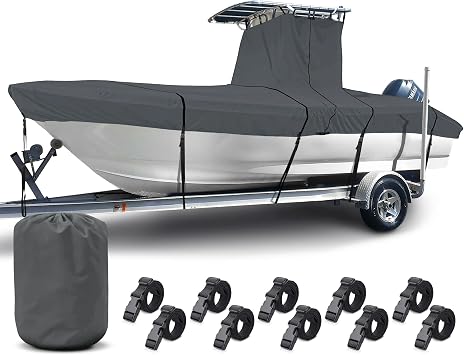 T-Top Boat Cover 20-22ft, Thick Heavy Duty Fabric, Fade-Proof, Rip Resistant, Waterproof, Trailerable, Hard Top Center Console Cover, Charcoal Gray