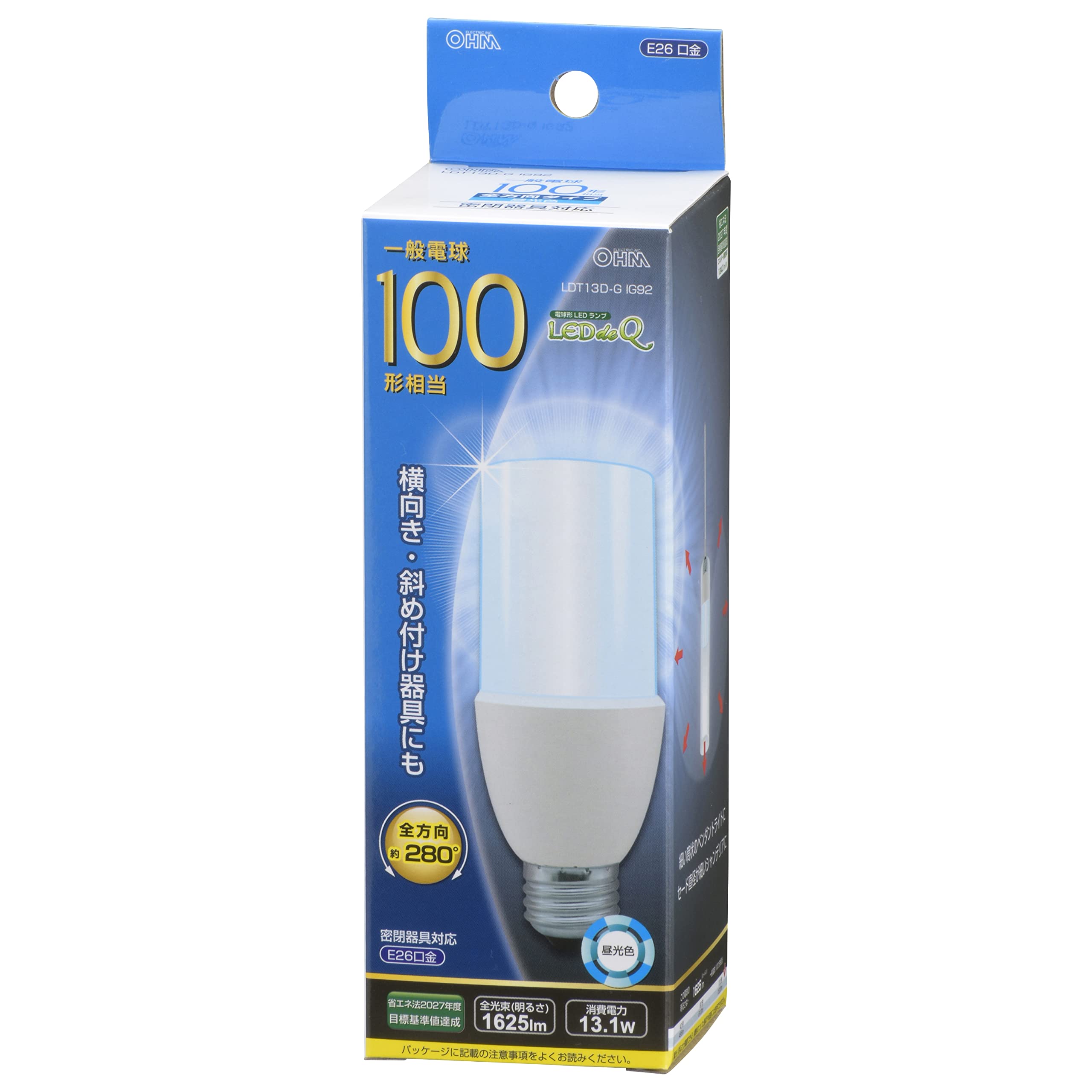 OHM LDT13L-G IG92 8個セット LED電球 T形 E26 100形相当 電球色｜LDT13L-G IG92 06-1932｜通販なら