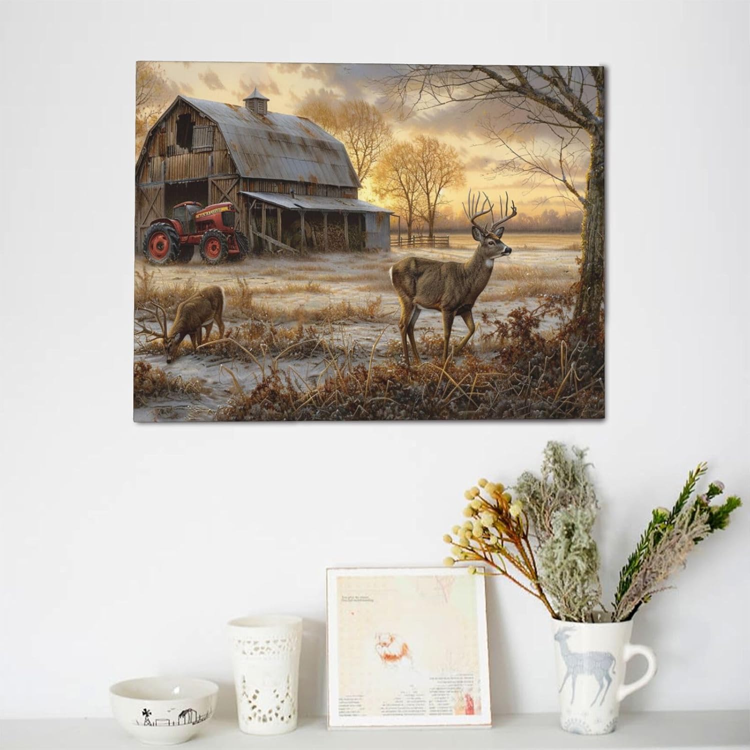 Deer Canvas Wall Art Barn Farmhouse Decor for Bathroom Living Room Bedroom Office,Elk Print Painting Aesthetic Home Modern Artwork Framed Decoration 12"x 16"